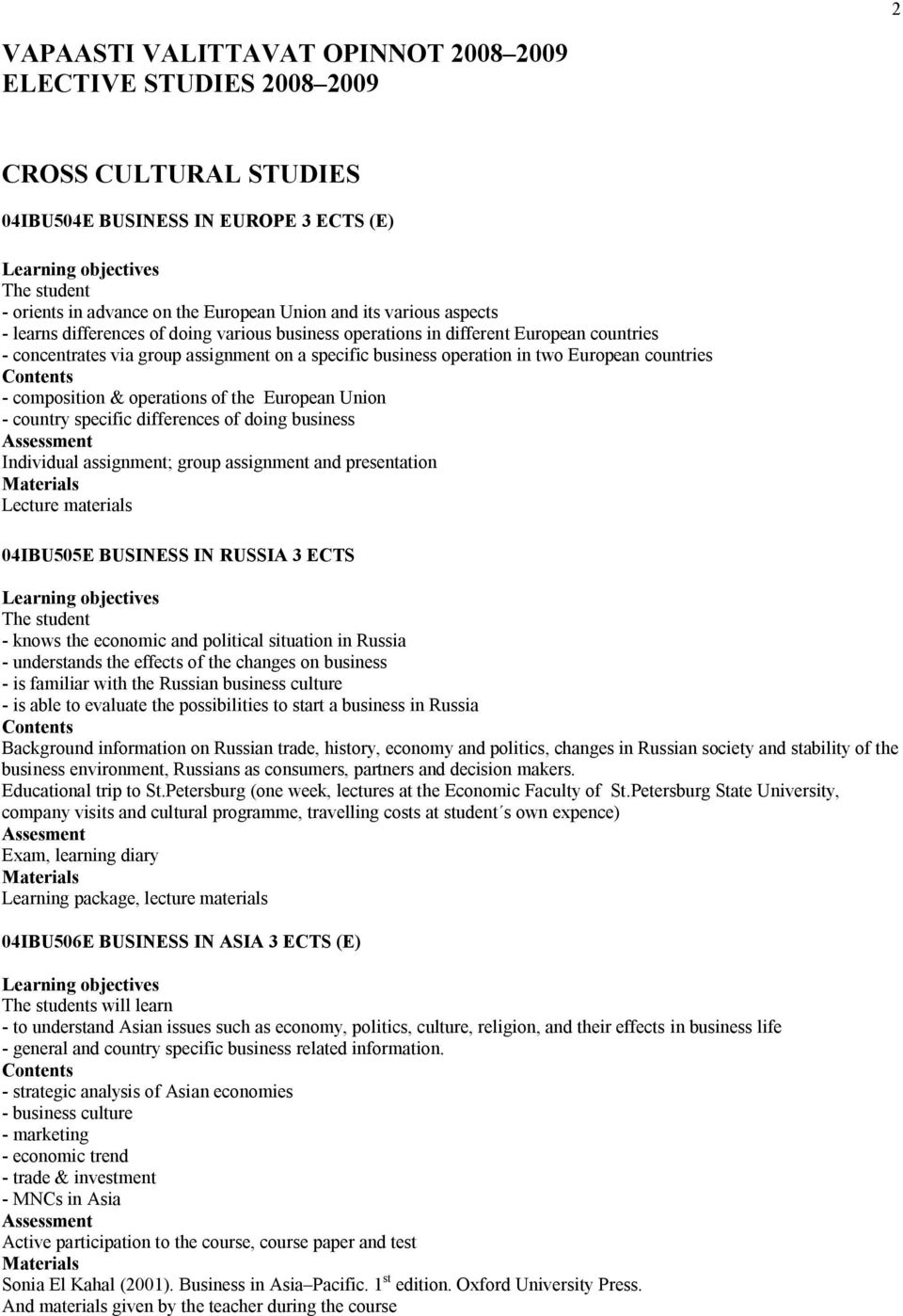 operations of the European Union - country specific differences of doing business Individual assignment; group assignment and presentation Lecture materials 04IBU505E BUSINESS IN RUSSIA 3 ECTS -