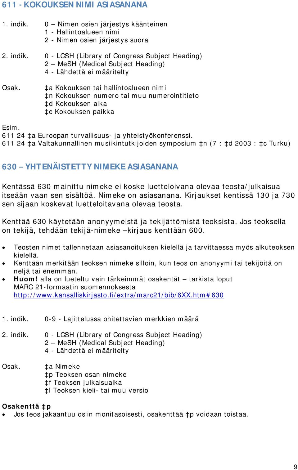 0 - LCSH (Library of Congress Subject Heading) 2 MeSH (Medical Subject Heading) 4 - Lähdettä ei määritelty a Kokouksen tai hallintoalueen nimi n Kokouksen numero tai muu numerointitieto d Kokouksen