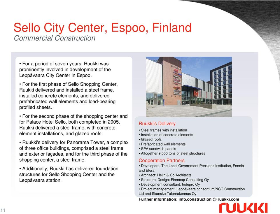 For the second phase of the shopping center and for Palace Hotel Sello, both completed in 2005, Ruukki delivered a steel frame, with concrete element installations, and glazed roofs.