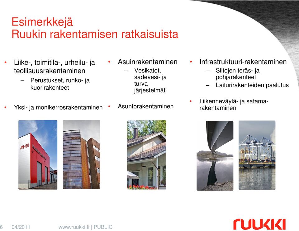 sadevesi- ja turvajärjestelmät Asuntorakentaminen Infrastruktuuri-rakentaminen Siltojen teräs- ja