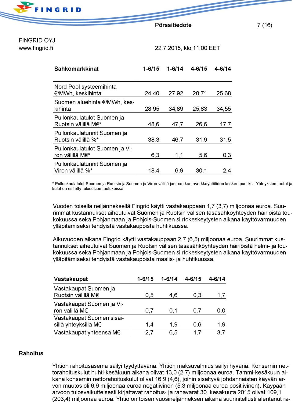 Pullonkaulatunnit Suomen ja Viron välillä %* 18,4 6,9 30,1 2,4 * Pullonkaulatulot Suomen ja Ruotsin ja Suomen ja Viron välillä jaetaan kantaverkkoyhtiöiden kesken puoliksi.