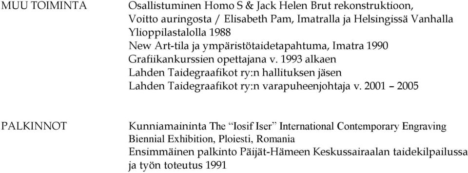 1993 alkaen Lahden Taidegraafikot ry:n hallituksen jäsen Lahden Taidegraafikot ry:n varapuheenjohtaja v.