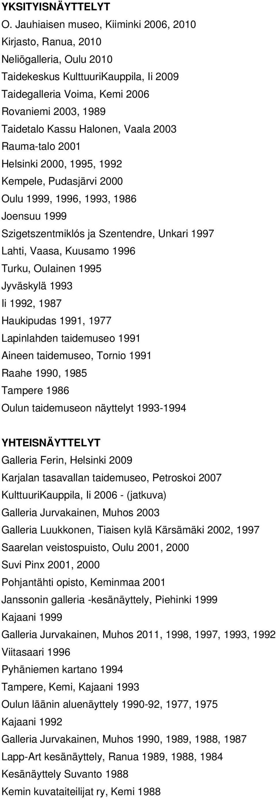 Halonen, Vaala 2003 Rauma-talo 2001 Helsinki 2000, 1995, 1992 Kempele, Pudasjärvi 2000 Oulu 1999, 1996, 1993, 1986 Joensuu 1999 Szigetszentmiklós ja Szentendre, Unkari 1997 Lahti, Vaasa, Kuusamo 1996