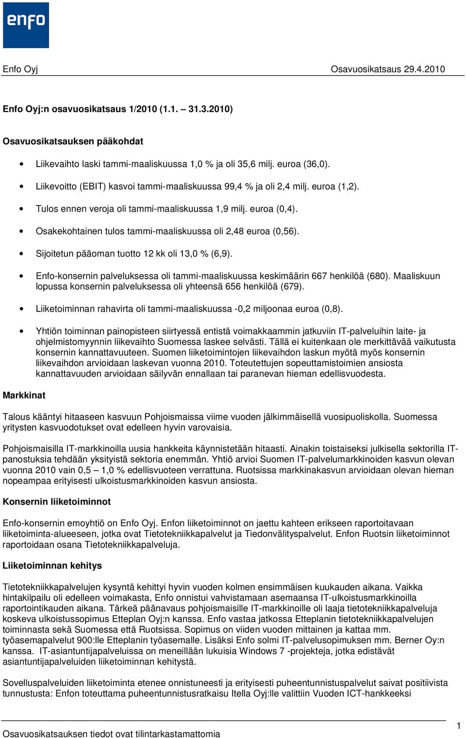 Sijoitetun pääoman tuotto 12 kk oli 13,0 % (6,9). Enfo-konsernin palveluksessa oli tammi-maaliskuussa keskimäärin 667 henkilöä (680).