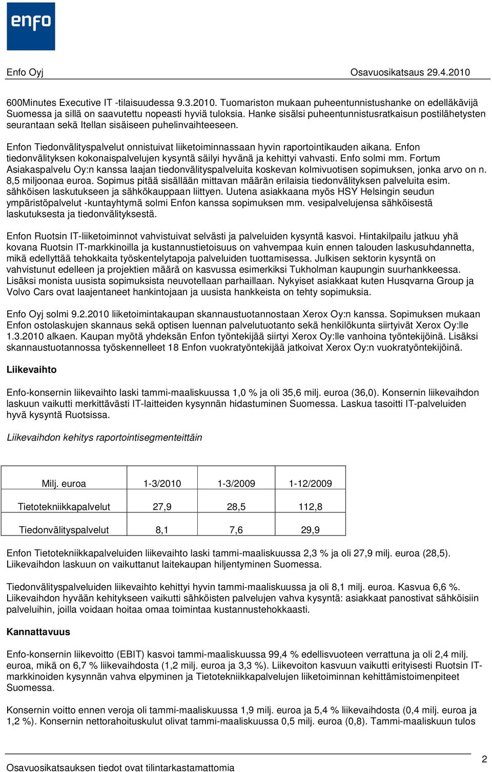Enfon tiedonvälityksen kokonaispalvelujen kysyntä säilyi hyvänä ja kehittyi vahvasti. Enfo solmi mm.