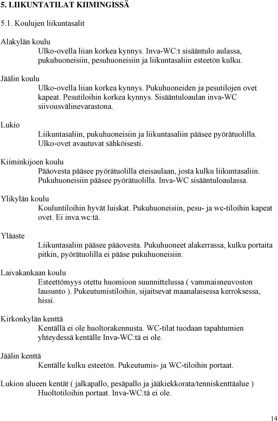 Lukio Liikuntasaliin, pukuhuoneisiin ja liikuntasaliin pääsee pyörätuolilla. Ulko-ovet avautuvat sähköisesti. Kiiminkijoen koulu Pääovesta pääsee pyörätuolilla eteisaulaan, josta kulku liikuntasaliin.