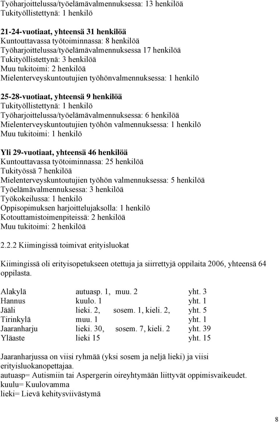 henkilöä Tukityöllistettynä: 1 henkilö Työharjoittelussa/työelämävalmennuksessa: 6 henkilöä Mielenterveyskuntoutujien työhön valmennuksessa: 1 henkilö Muu tukitoimi: 1 henkilö Yli 29-vuotiaat,