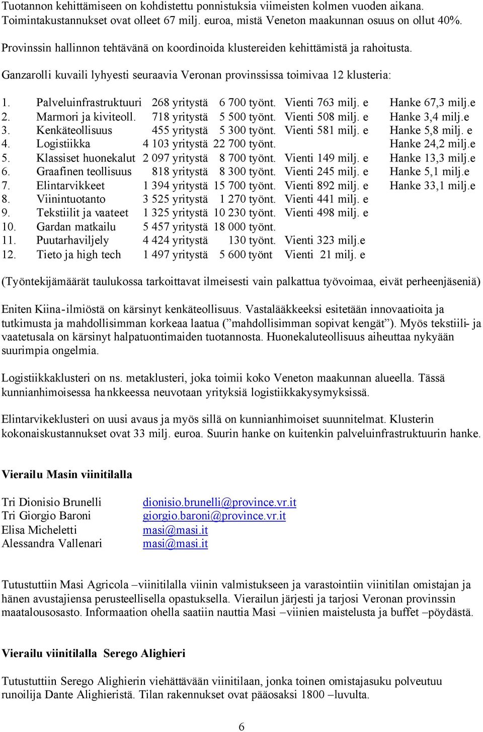 Palveluinfrastruktuuri 268 yritystä 6 700 työnt. Vienti 763 milj. e Hanke 67,3 milj.e 2. Marmori ja kiviteoll. 718 yritystä 5 500 työnt. Vienti 508 milj. e Hanke 3,