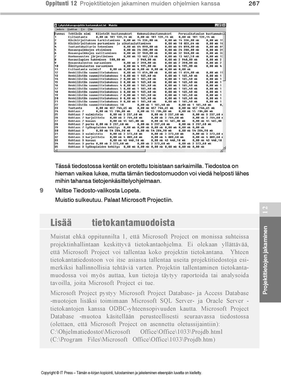 Palaat Microsoft Projectiin. Lisää tietokantamuodoista Muistat ehkä oppitunnilta 1, että Microsoft Project on monissa suhteissa projektinhallintaan keskittyvä tietokantaohjelma.