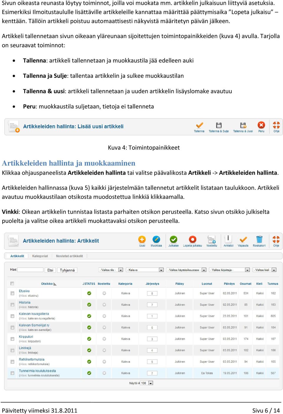 Artikkeli tallennetaan sivun oikeaan yläreunaan sijoitettujen toimintopainikkeiden (kuva 4) avulla.
