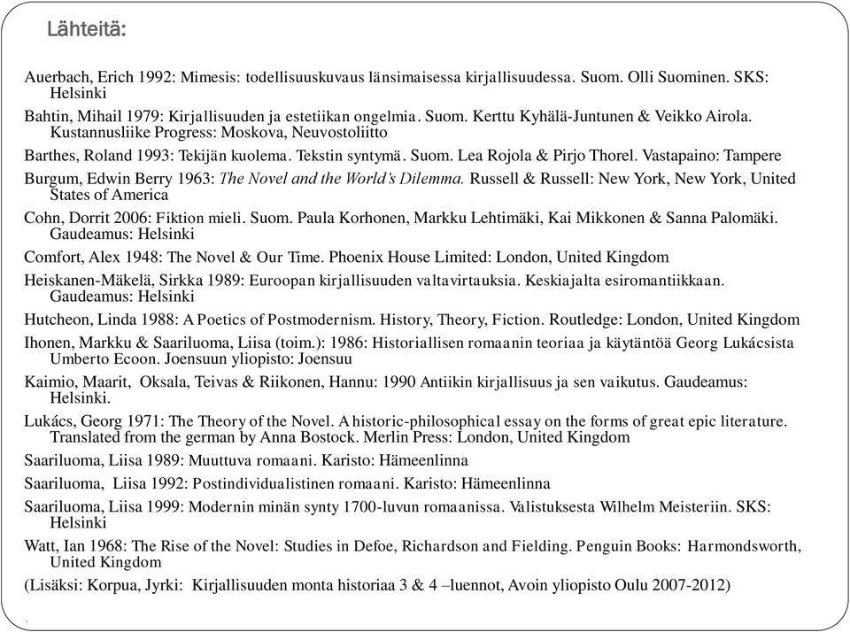 Vastapaino: Tampere Burgum, Edwin Berry 1963: The Novel and the World s Dilemma. Russell & Russell: New York, New York, United States of America Cohn, Dorrit 2006: Fiktion mieli. Suom.