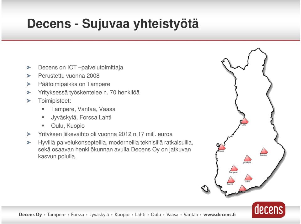 70 henkilöä Toimipisteet: Tampere, Vantaa, Vaasa Jyväskylä, Forssa Lahti Oulu, Kuopio Yrityksen