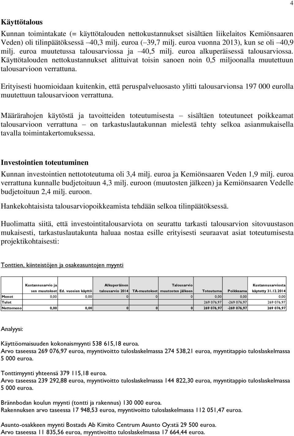 Käyttötalouden nettokustannukset alittuivat toisin sanoen noin 0,5 miljoonalla muutettuun talousarvioon verrattuna.