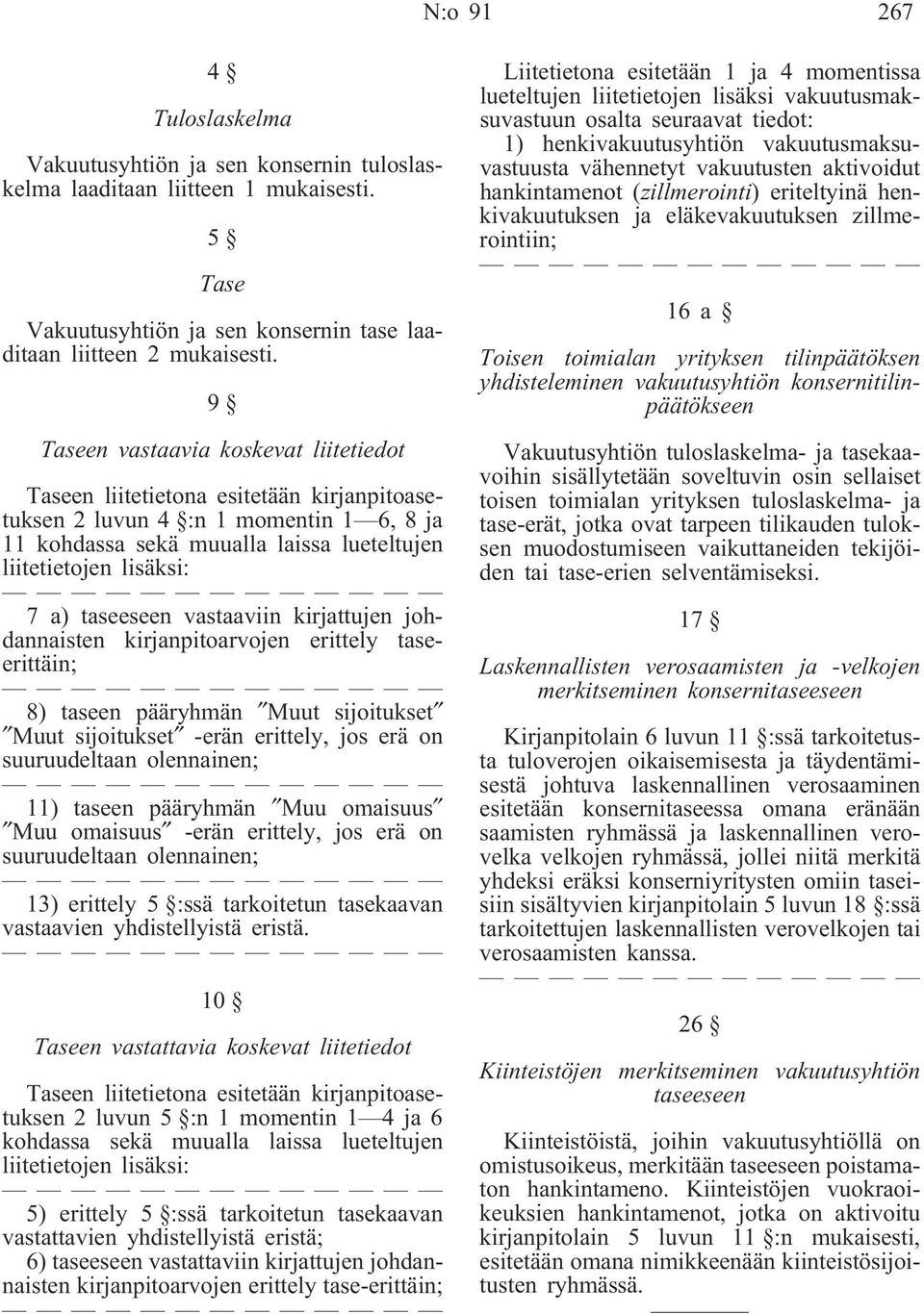 taseeseen vastaaviin kirjattujen johdannaisten kirjanpitoarvojen erittely taseerittäin; 8) taseen pääryhmän Muut sijoitukset Muut sijoitukset -erän erittely, jos erä on suuruudeltaan olennainen; 11)