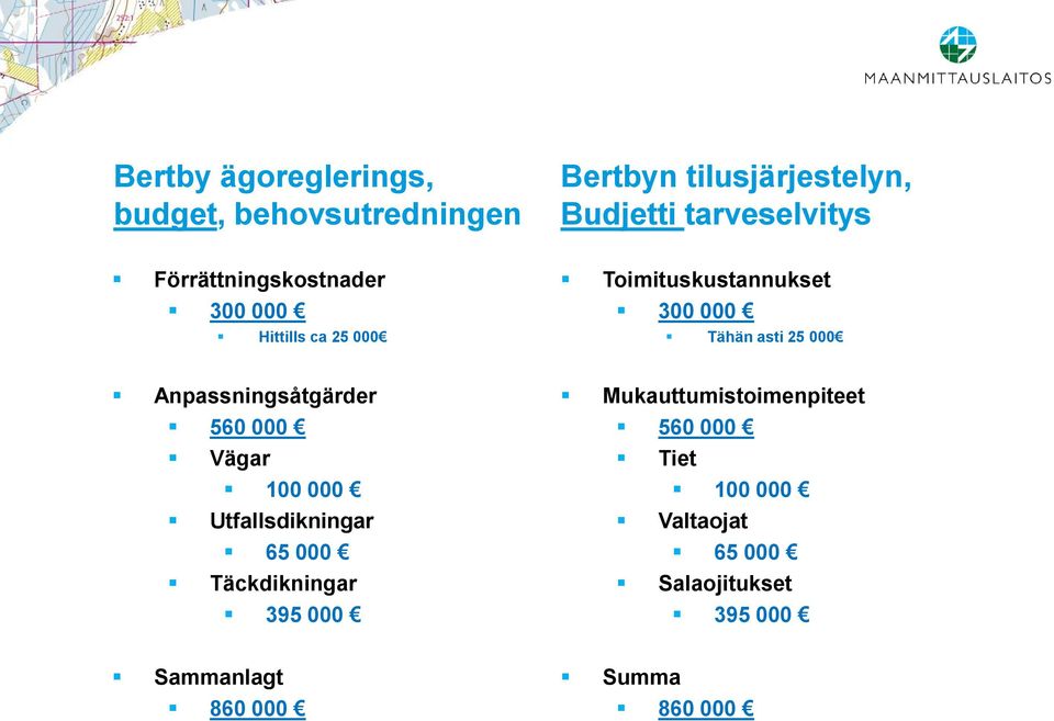 Anpassningsåtgärder 560 000 Vägar 100 000 Utfallsdikningar 65 000 Täckdikningar 395 000