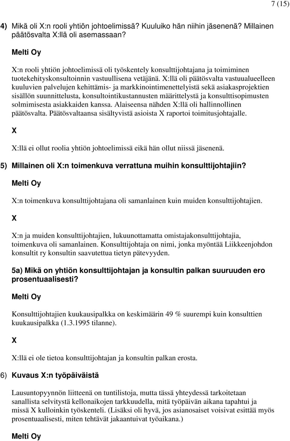 :llä oli päätösvalta vastuualueelleen kuuluvien palvelujen kehittämis- ja markkinointimenettelyistä sekä asiakasprojektien sisällön suunnittelusta, konsultointikustannusten määrittelystä ja