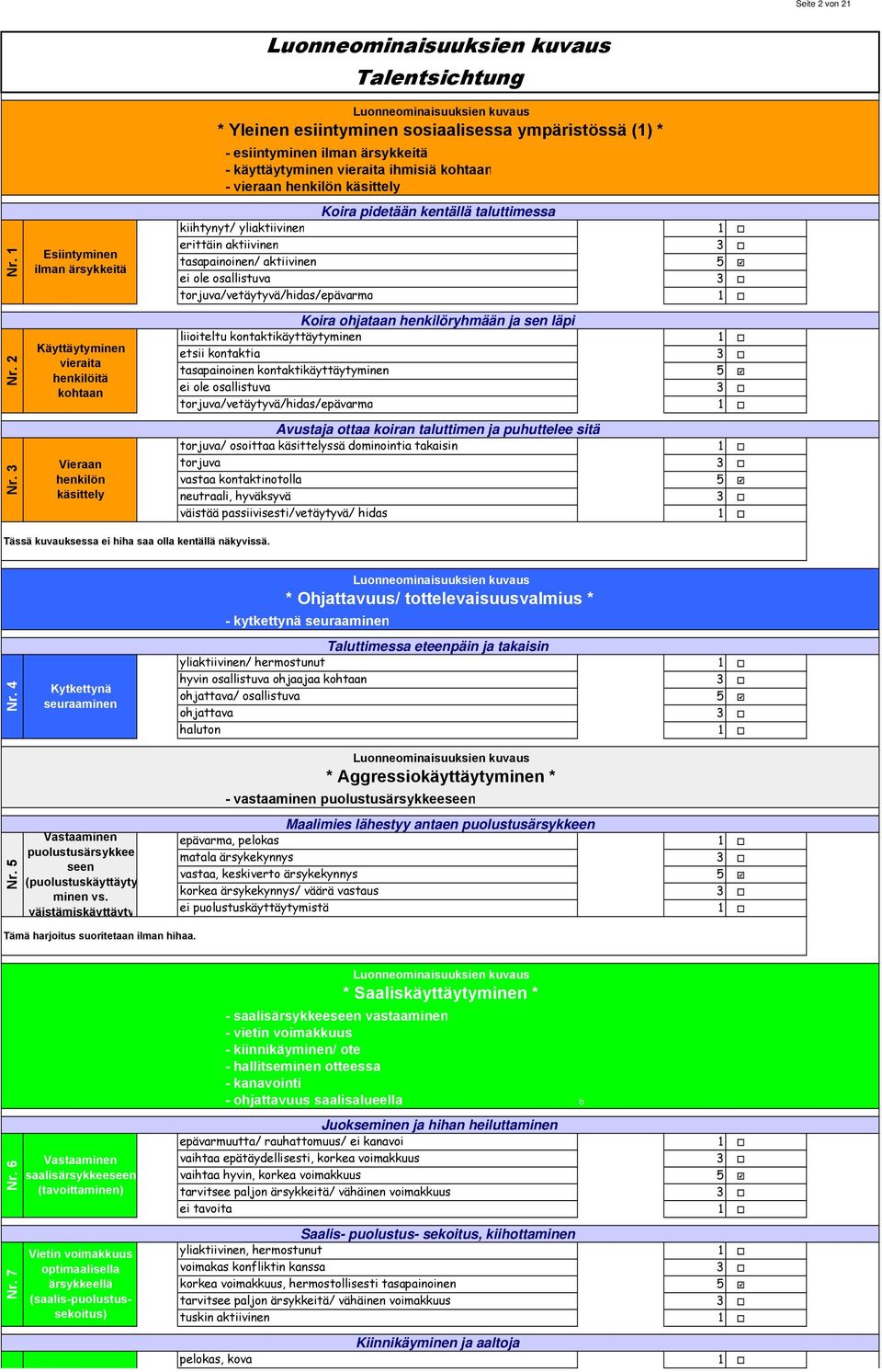 Esiintyminen ilman ärsykkeitä Koira pidetään kentällä taluttimessa kiihtynyt/ yliaktiivinen erittäin aktiivinen tasapainoinen/ aktiivinen ei ole osallistuva torjuva/vetäytyvä/hidas/epävarma Nr.