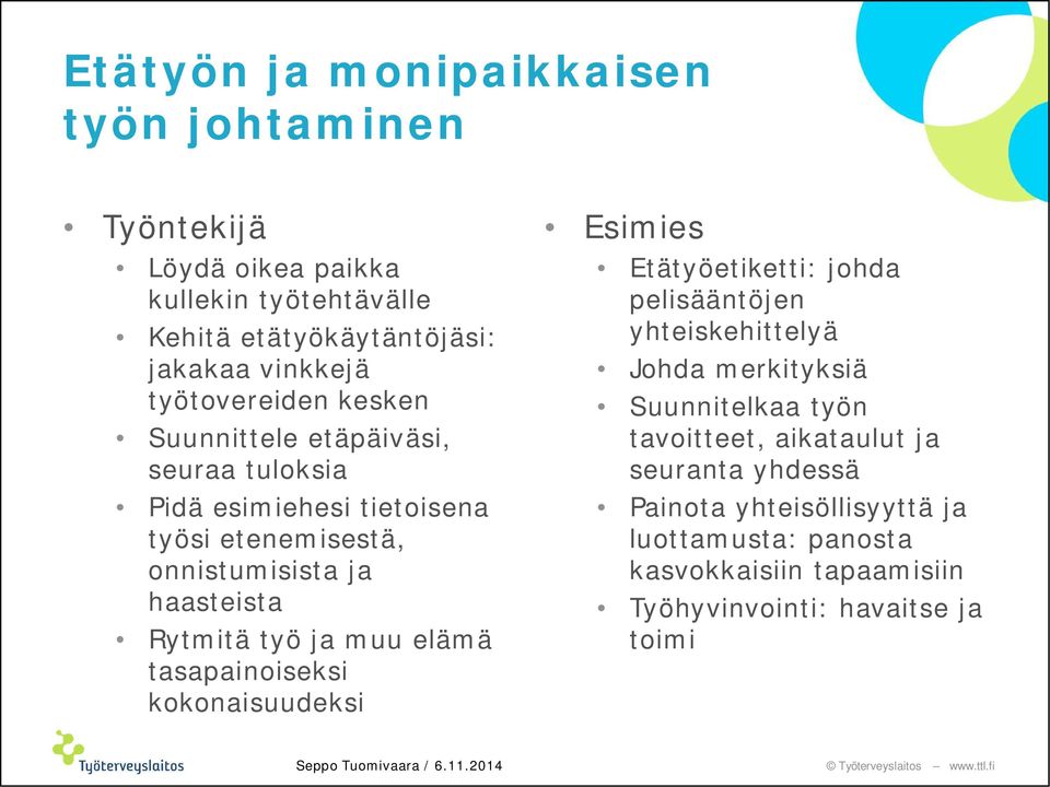 työ ja muu elämä tasapainoiseksi kokonaisuudeksi Esimies Etätyöetiketti: johda pelisääntöjen yhteiskehittelyä Johda merkityksiä Suunnitelkaa työn