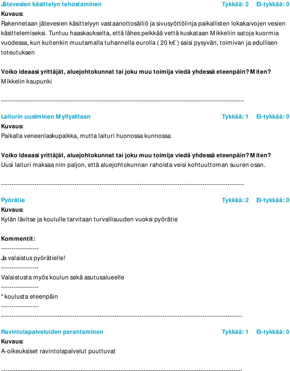 Mikkelin kaupunki Laiturin uusiminen Myllysiltaan Tykkää: 1 Ei-tykkää: 0 Paikalla veneenlaskupaikka, mutta laituri huonossa kunnossa.