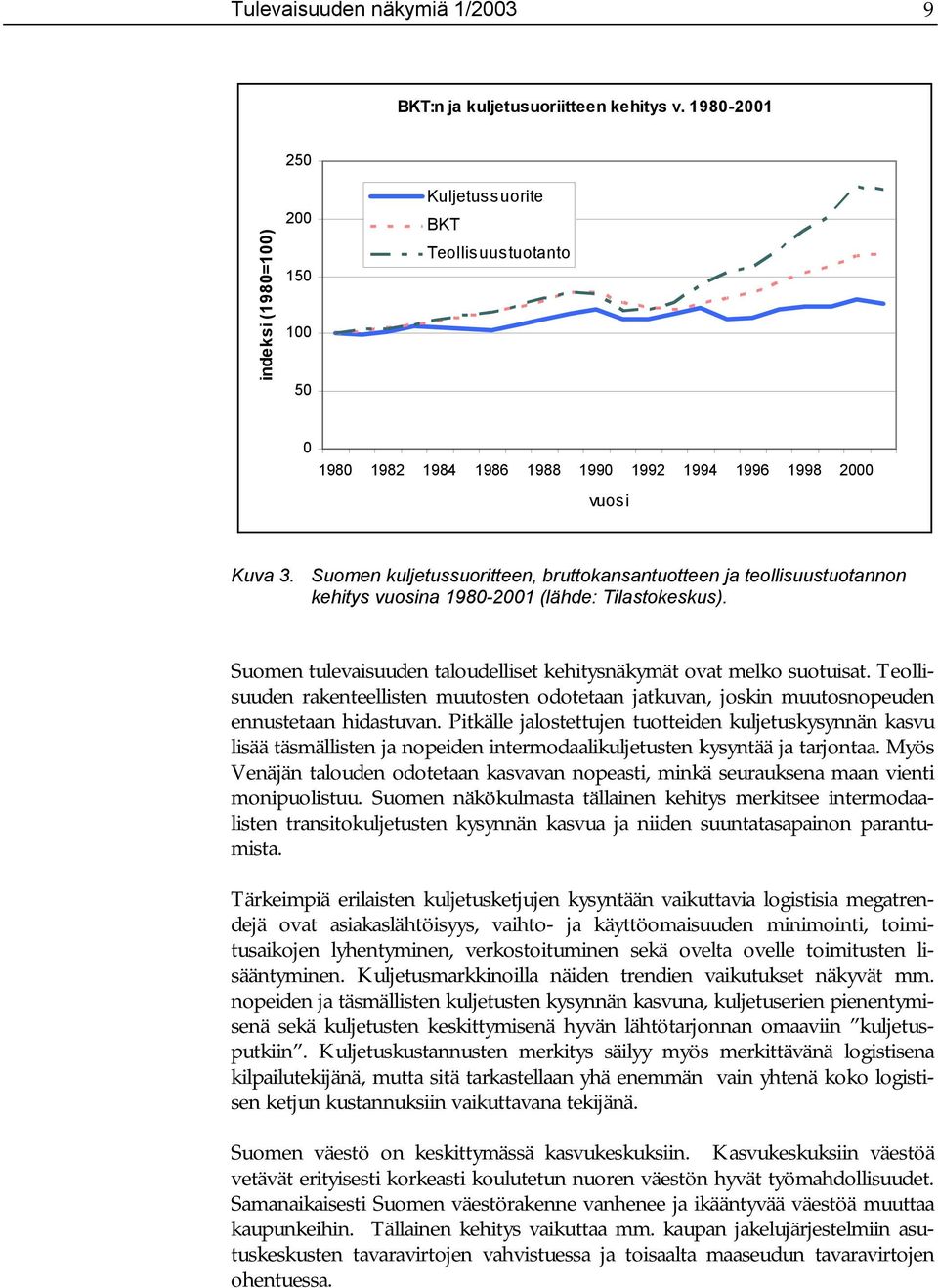 Suomen kuljetussuoritteen, bruttokansantuotteen ja teollisuustuotannon kehitys vuosina 1980-2001 (lähde: Tilastokeskus). Suomen tulevaisuuden taloudelliset kehitysnäkymät ovat melko suotuisat.