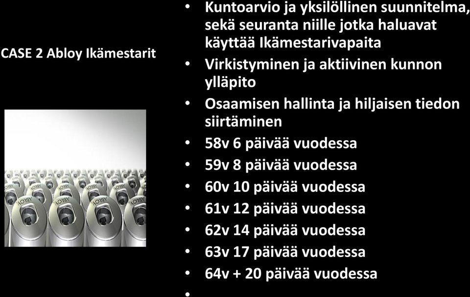 hallinta ja hiljaisen tiedon siirtäminen 58v 6 päivää vuodessa 59v 8 päivää vuodessa 60v 10