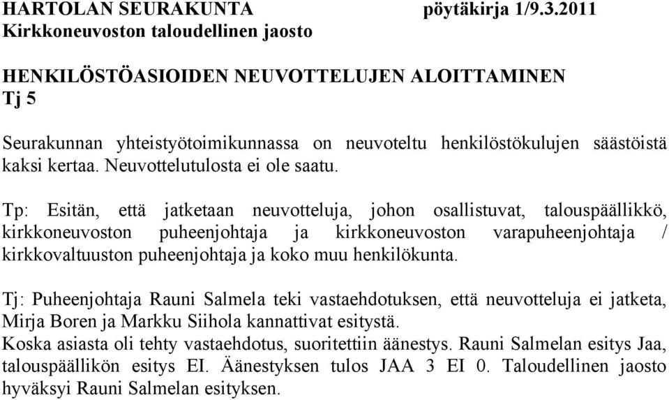 ja koko muu henkilökunta. Tj: Puheenjohtaja Rauni Salmela teki vastaehdotuksen, että neuvotteluja ei jatketa, Mirja Boren ja Markku Siihola kannattivat esitystä.