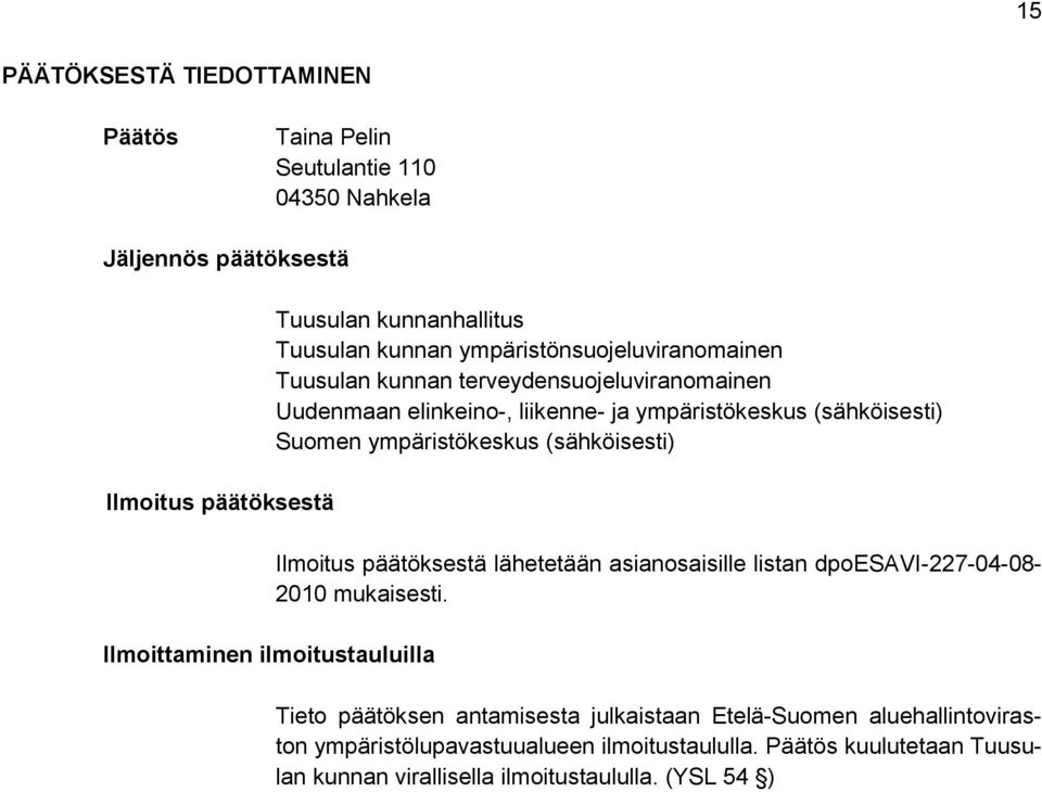 (sähköisesti) Suomen ympäristökeskus (sähköisesti) Ilmoitus päätöksestä lähetetään asianosaisille listan dpoesavi-227-04-08-2010 mukaisesti.