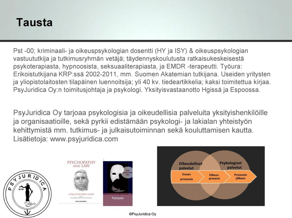 Useiden yritysten ja yliopistolaitosten tilapäinen luennoitsija; yli 40 kv. tiedeartikkelia; kaksi toimitettua kirjaa. PsyJuridica Oy:n toimitusjohtaja ja psykologi.