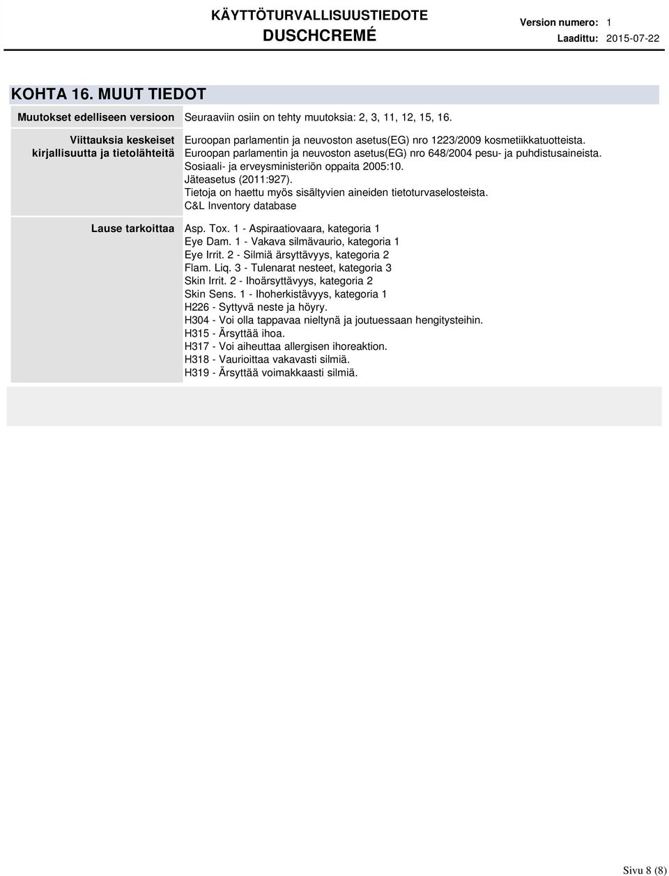 Euroopan parlamentin ja neuvoston asetus(eg) nro 648/2004 pesu- ja puhdistusaineista. Sosiaali- ja erveysministeriön oppaita 2005:10. Jäteasetus (2011:927).