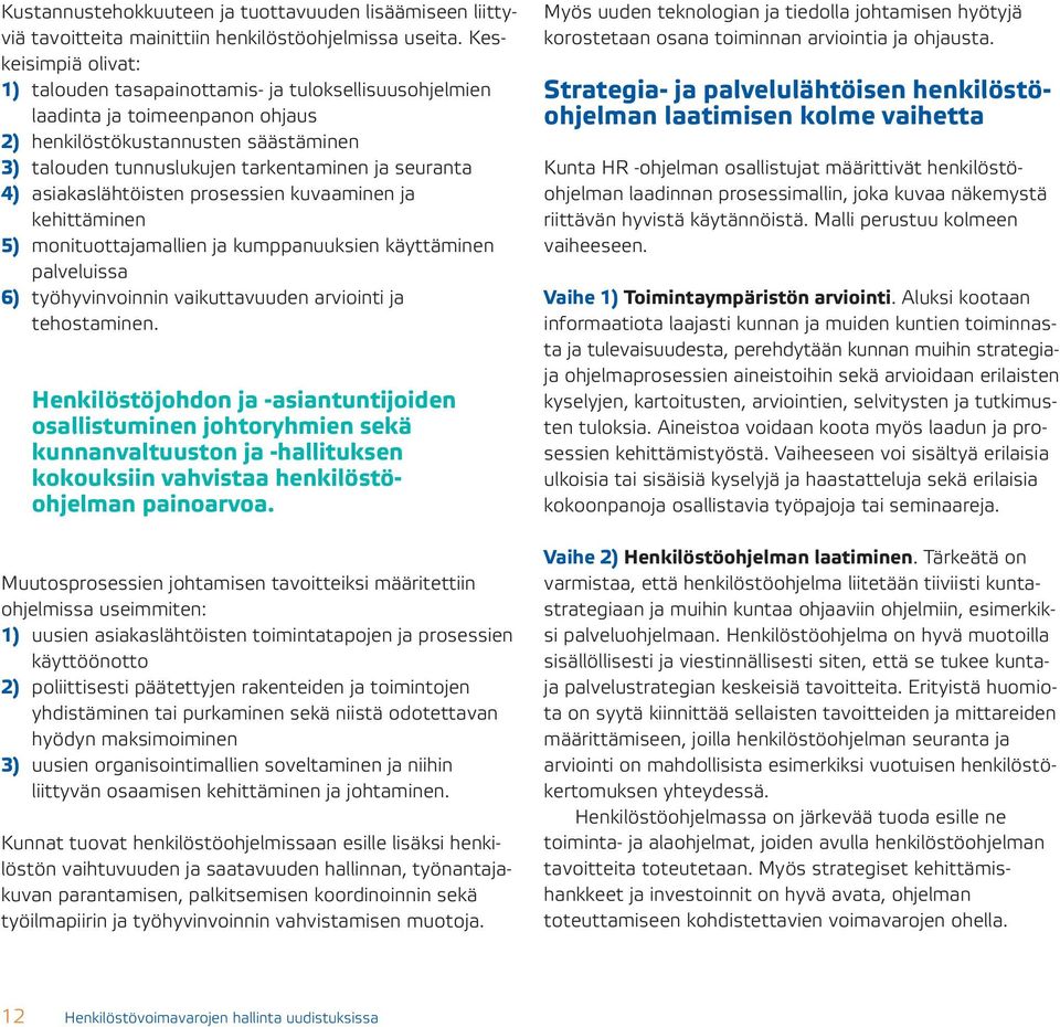 4) asiakaslähtöisten prosessien kuvaaminen ja kehittäminen 5) monituottajamallien ja kumppanuuksien käyttäminen palveluissa 6) työhyvinvoinnin vaikuttavuuden arviointi ja tehostaminen.