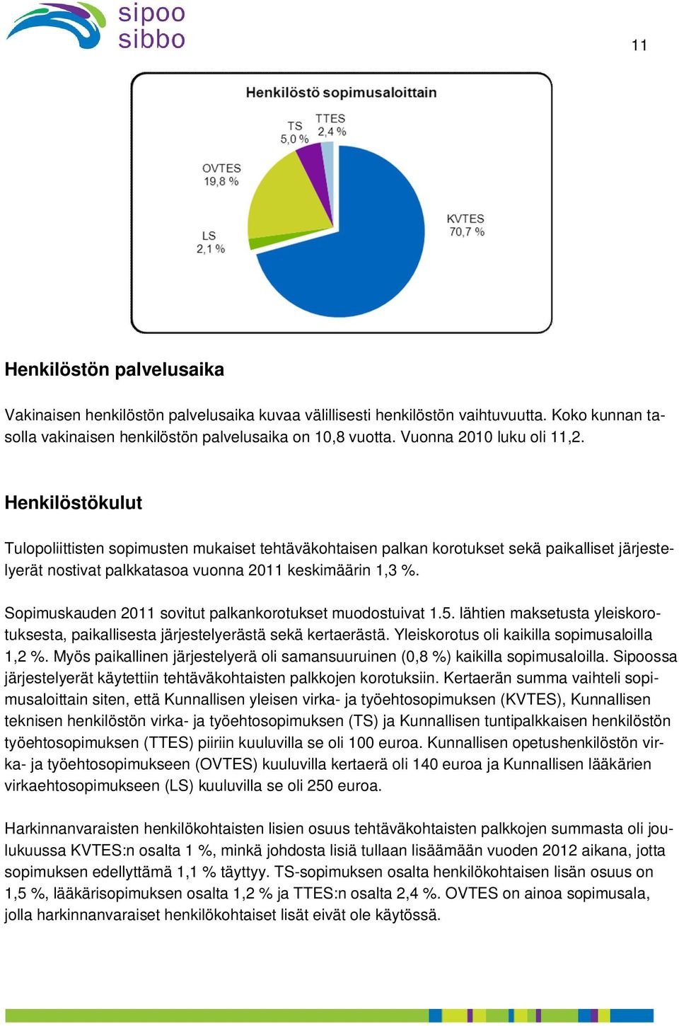 Sopimuskauden 2011 sovitut palkankorotukset muodostuivat 1.5. lähtien maksetusta yleiskorotuksesta, paikallisesta järjestelyerästä sekä kertaerästä. Yleiskorotus oli kaikilla sopimusaloilla 1,2 %.