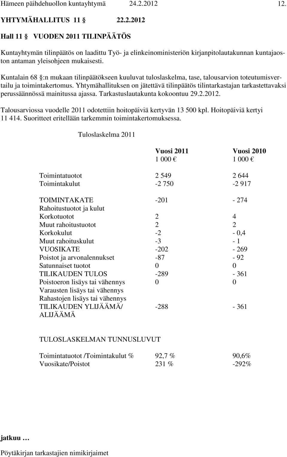Yhtymähallituksen on jätettävä tilinpäätös tilintarkastajan tarkastettavaksi perussäännössä mainitussa ajassa. Tarkastuslautakunta kokoontuu 29.2.2012.