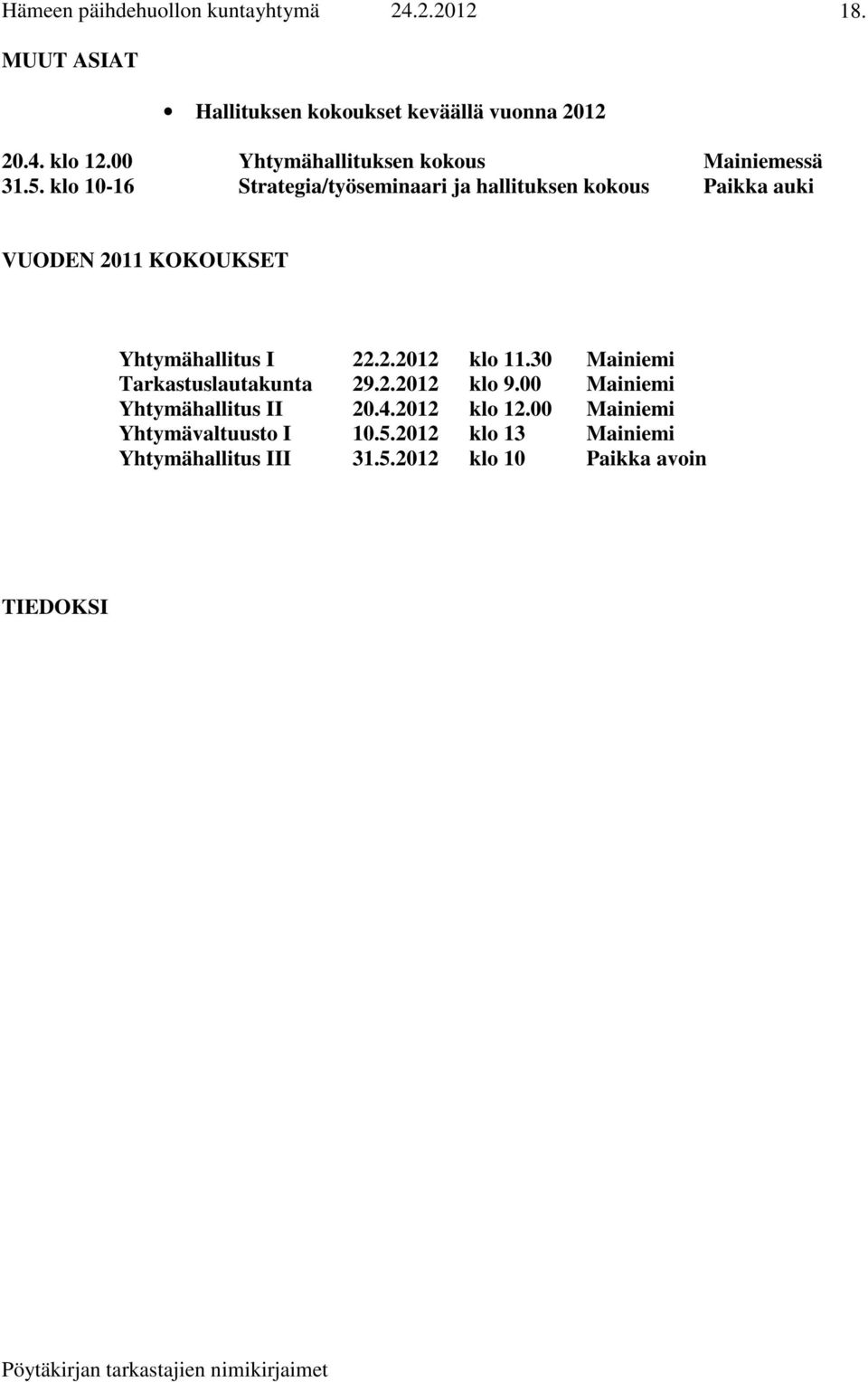 klo 10-16 Strategia/työseminaari ja hallituksen kokous Paikka auki VUODEN 2011 KOKOUKSET Yhtymähallitus I 22.2.2012 klo 11.