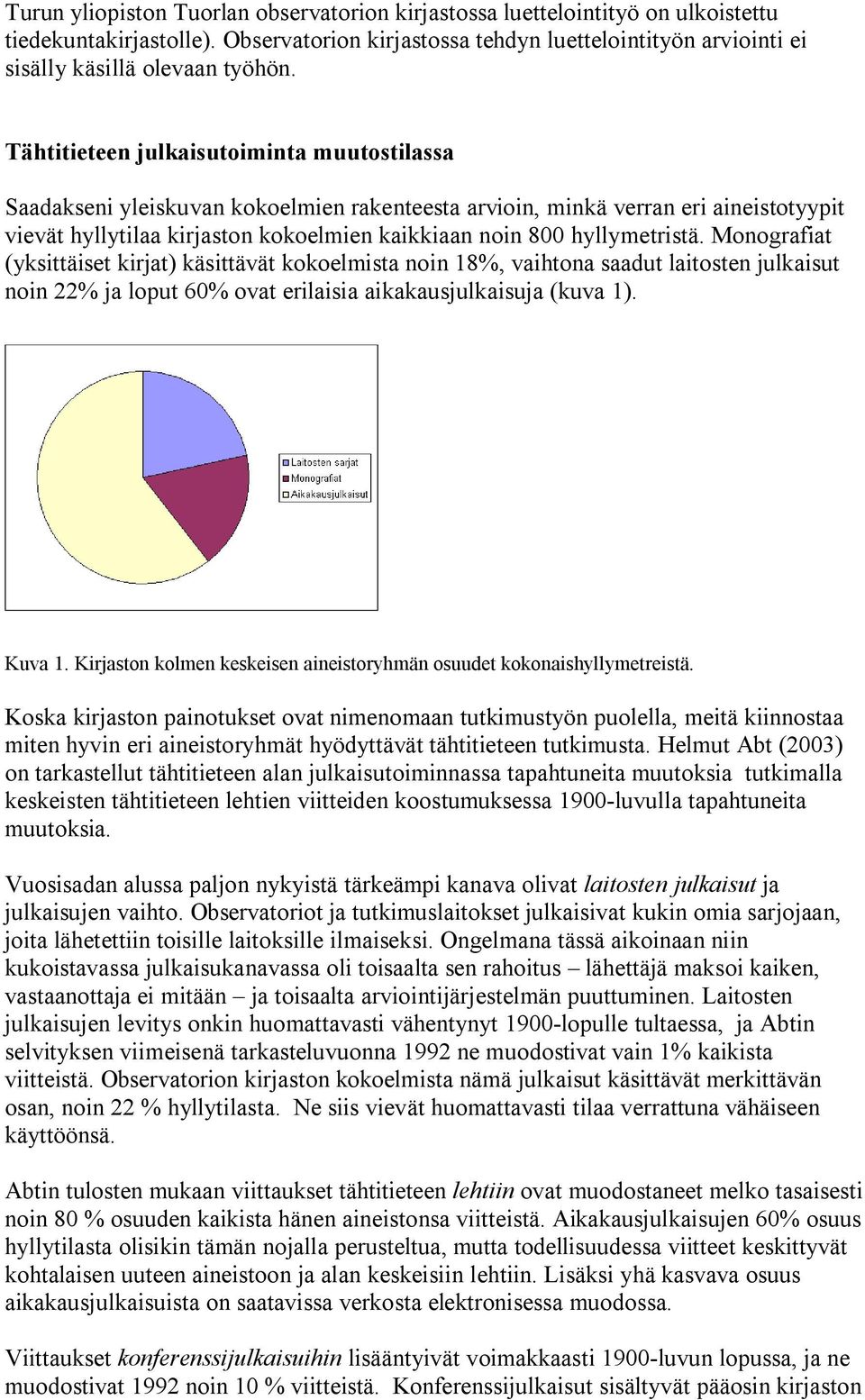 hyllymetristä. Monografiat (yksittäiset kirjat) käsittävät kokoelmista noin 18%, vaihtona saadut laitosten julkaisut noin 22% ja loput 60% ovat erilaisia aikakausjulkaisuja (kuva 1). Kuva 1.