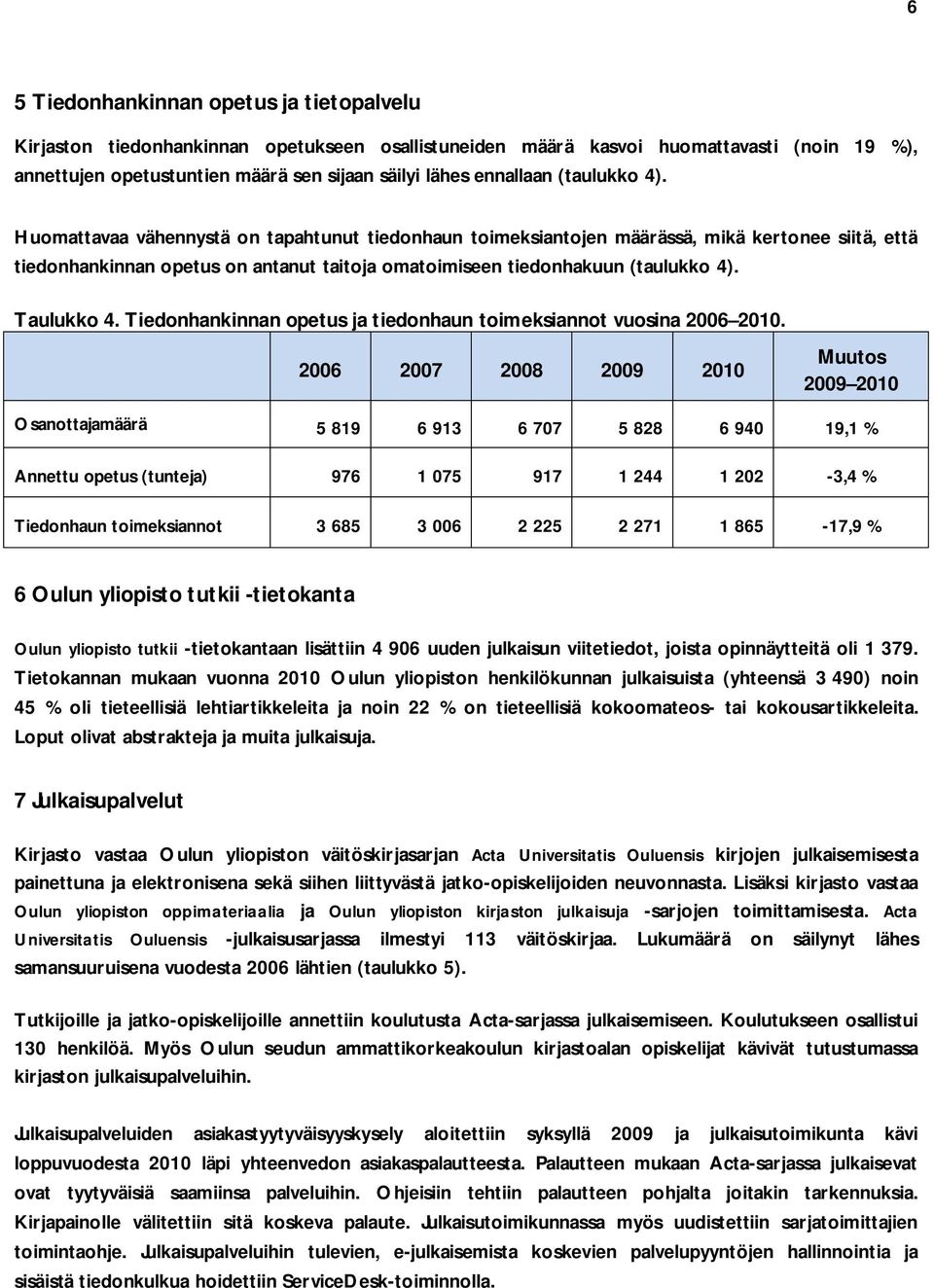 Taulukko 4. Tiedonhankinnan opetus ja tiedonhaun toimeksiannot vuosina 2006 2010.