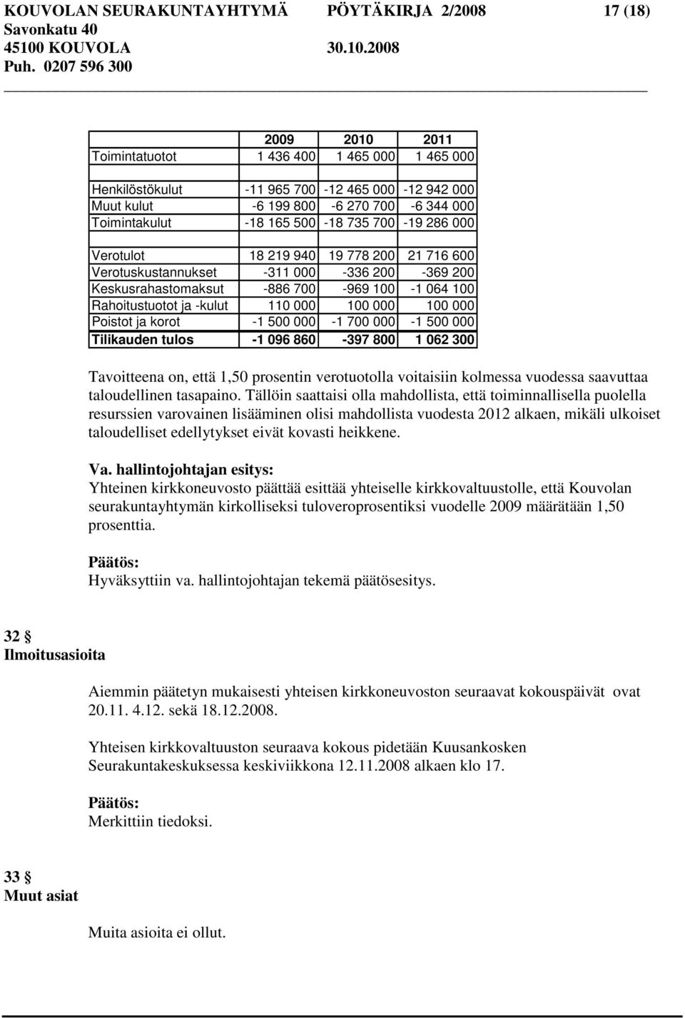 Rahoitustuotot ja -kulut 110 000 100 000 100 000 Poistot ja korot -1 500 000-1 700 000-1 500 000 Tilikauden tulos -1 096 860-397 800 1 062 300 Tavoitteena on, että 1,50 prosentin verotuotolla