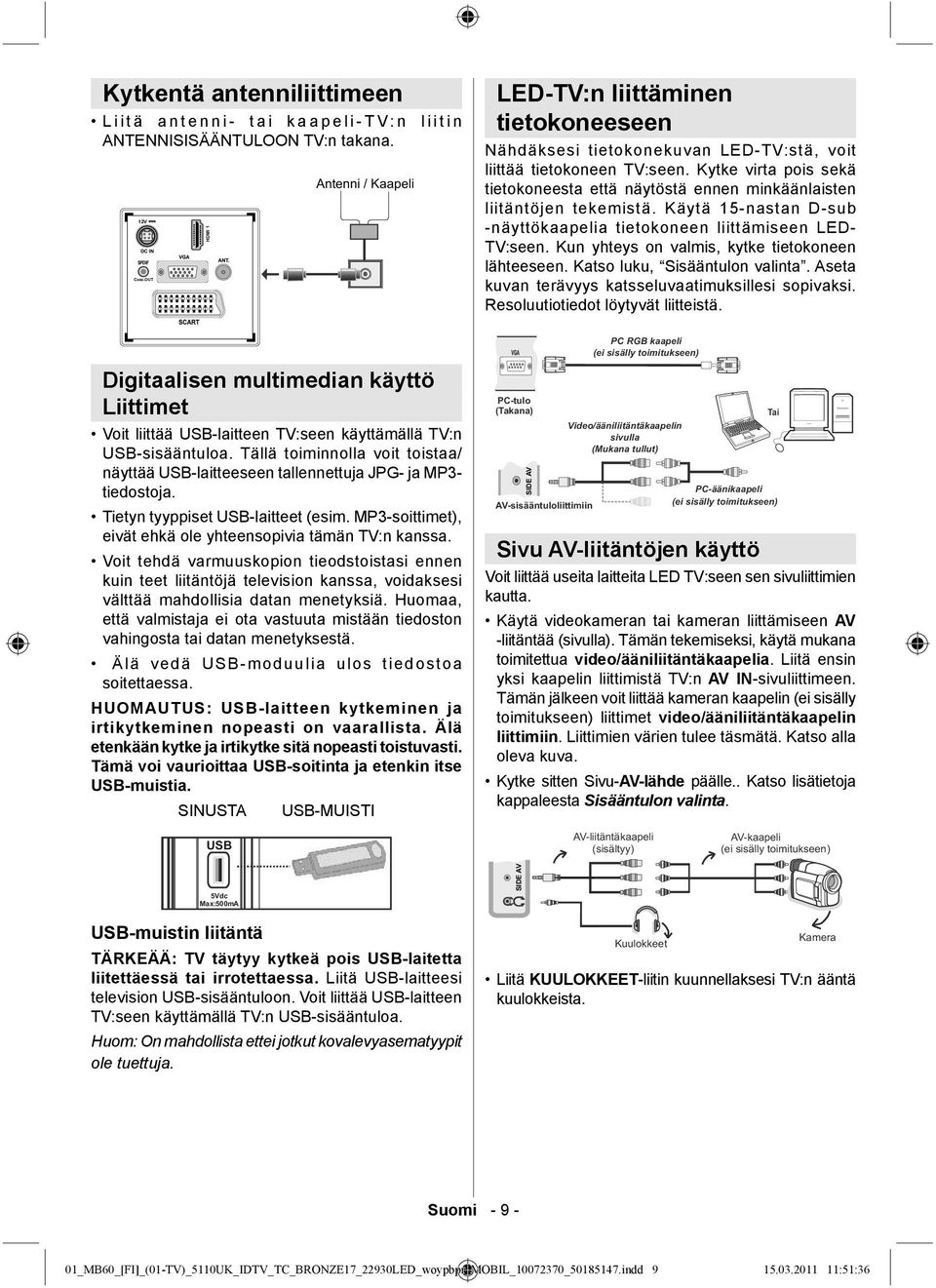 Tällä toiminnolla voit toistaa/ näyttää USB-laitteeseen tallennettuja JPG- ja MP3- tiedostoja. Tietyn tyyppiset USB-laitteet (esim. MP3-soittimet), eivät ehkä ole yhteensopivia tämän TV:n kanssa.