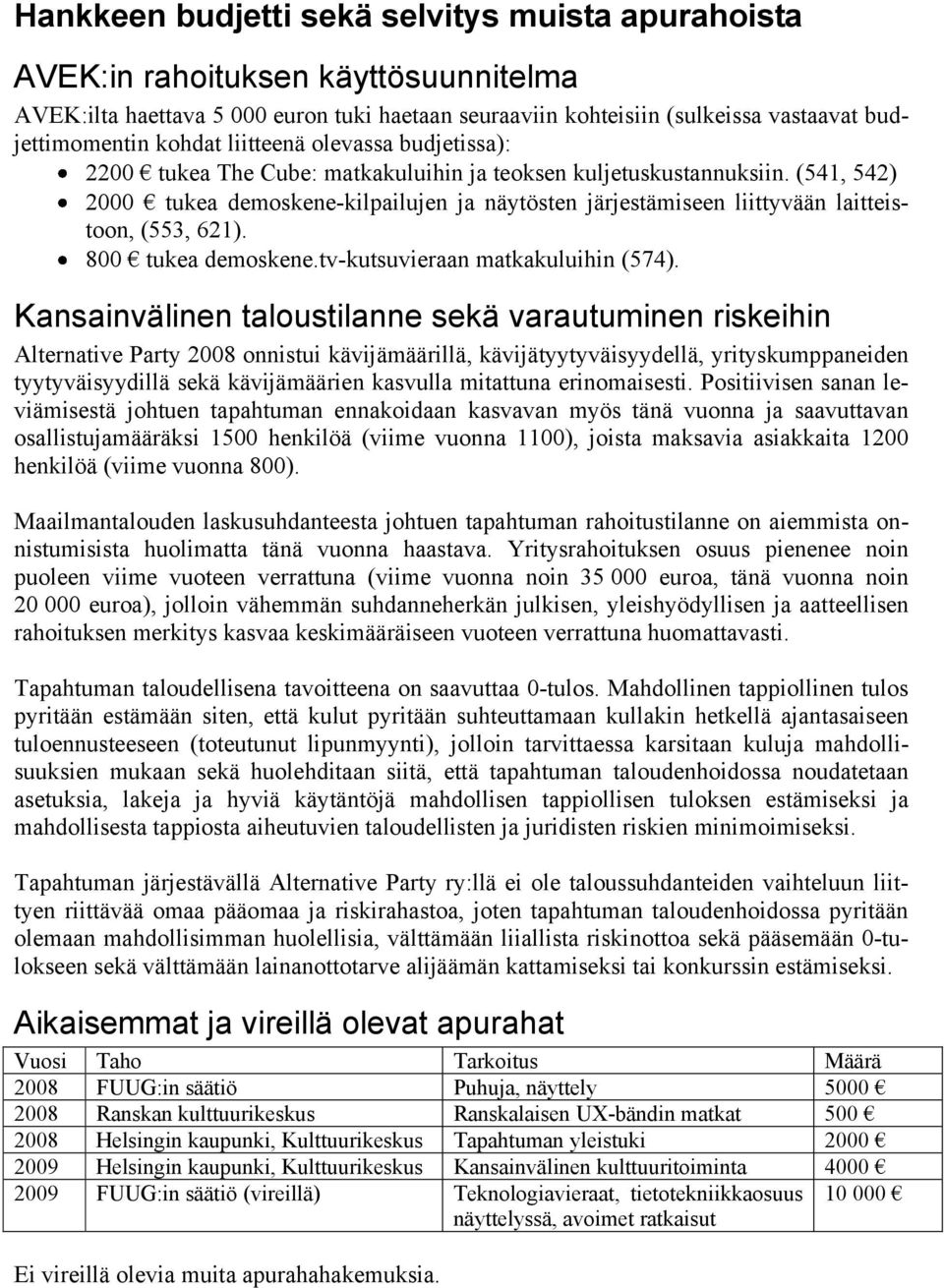 (541, 542) 2000 tukea demoskene-kilpailujen ja näytösten järjestämiseen liittyvään laitteistoon, (553, 621). 800 tukea demoskene.tv-kutsuvieraan matkakuluihin (574).