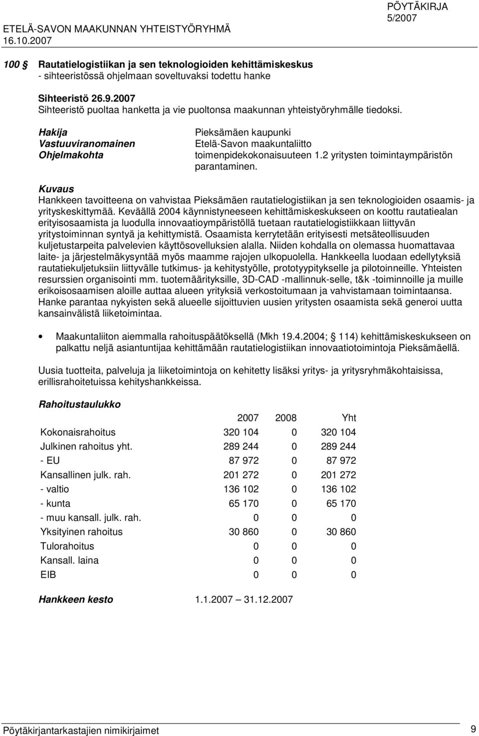 Hakija Vastuuviranomainen Ohjelmakohta Pieksämäen kaupunki Etelä-Savon maakuntaliitto toimenpidekokonaisuuteen 1.2 yritysten toimintaympäristön parantaminen.