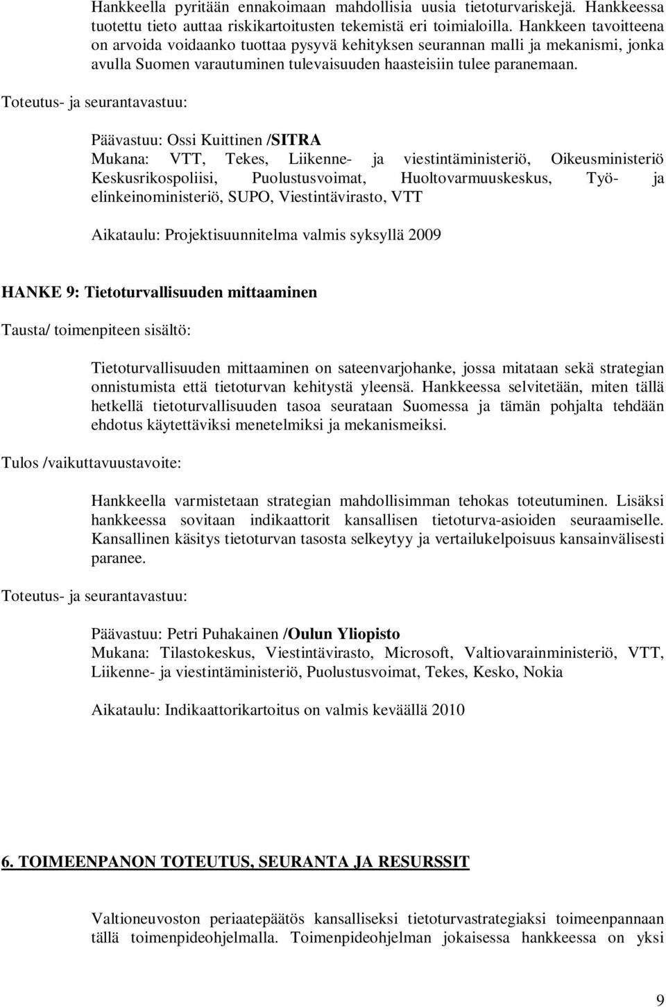 Päävastuu: Ossi Kuittinen /SITRA Mukana: VTT, Tekes, Liikenne- ja viestintäministeriö, Oikeusministeriö Keskusrikospoliisi, Puolustusvoimat, Huoltovarmuuskeskus, Työ- ja elinkeinoministeriö, SUPO,