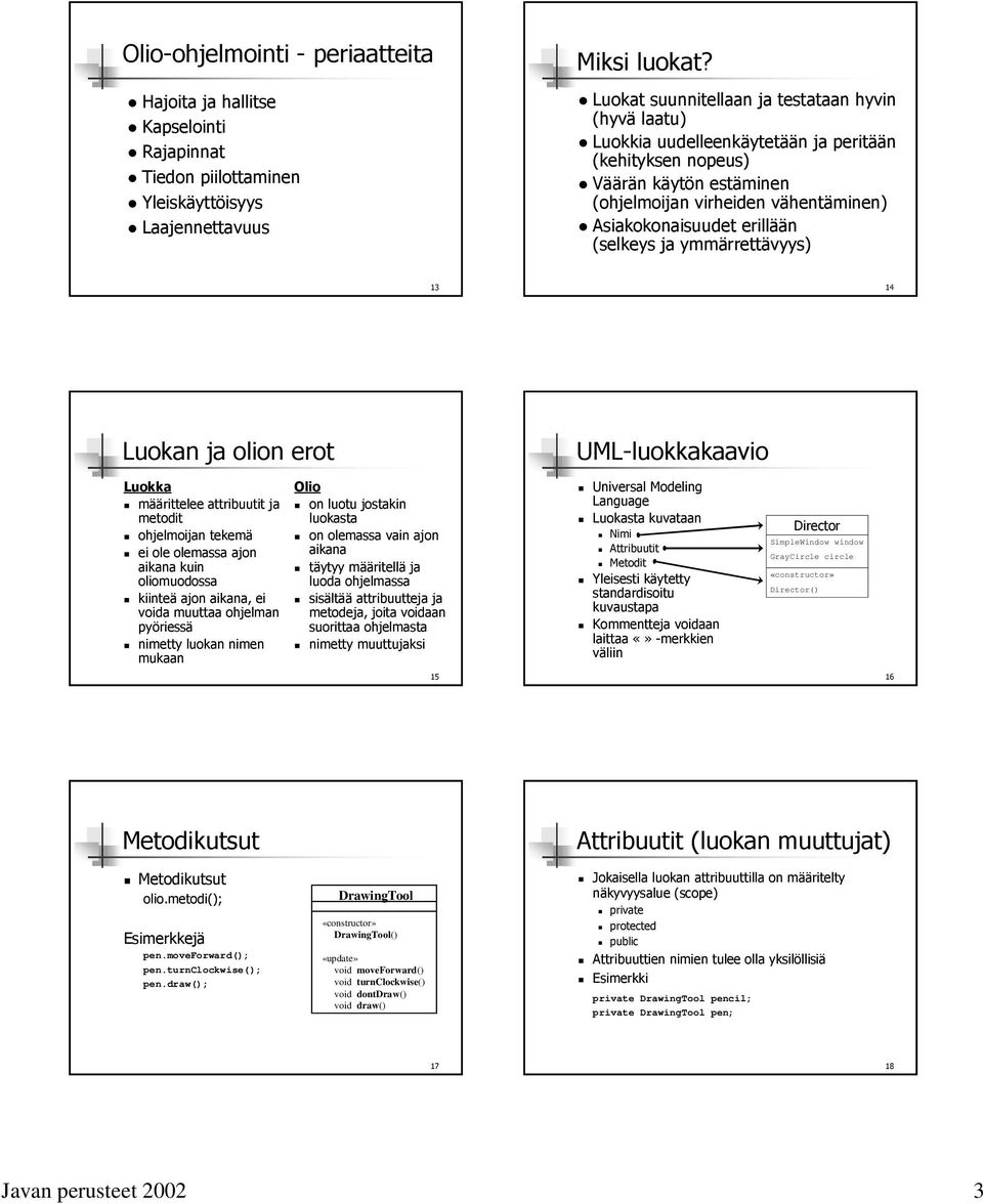 (selkeys ja ymmärrettävyys) 13 14 Luokan ja olion erot UML-luokkakaavio Luokka määrittelee attribuutit ja metodit ohjelmoijan tekemä ei ole olemassa ajon aikana kuin oliomuodossa kiinteä ajon aikana,