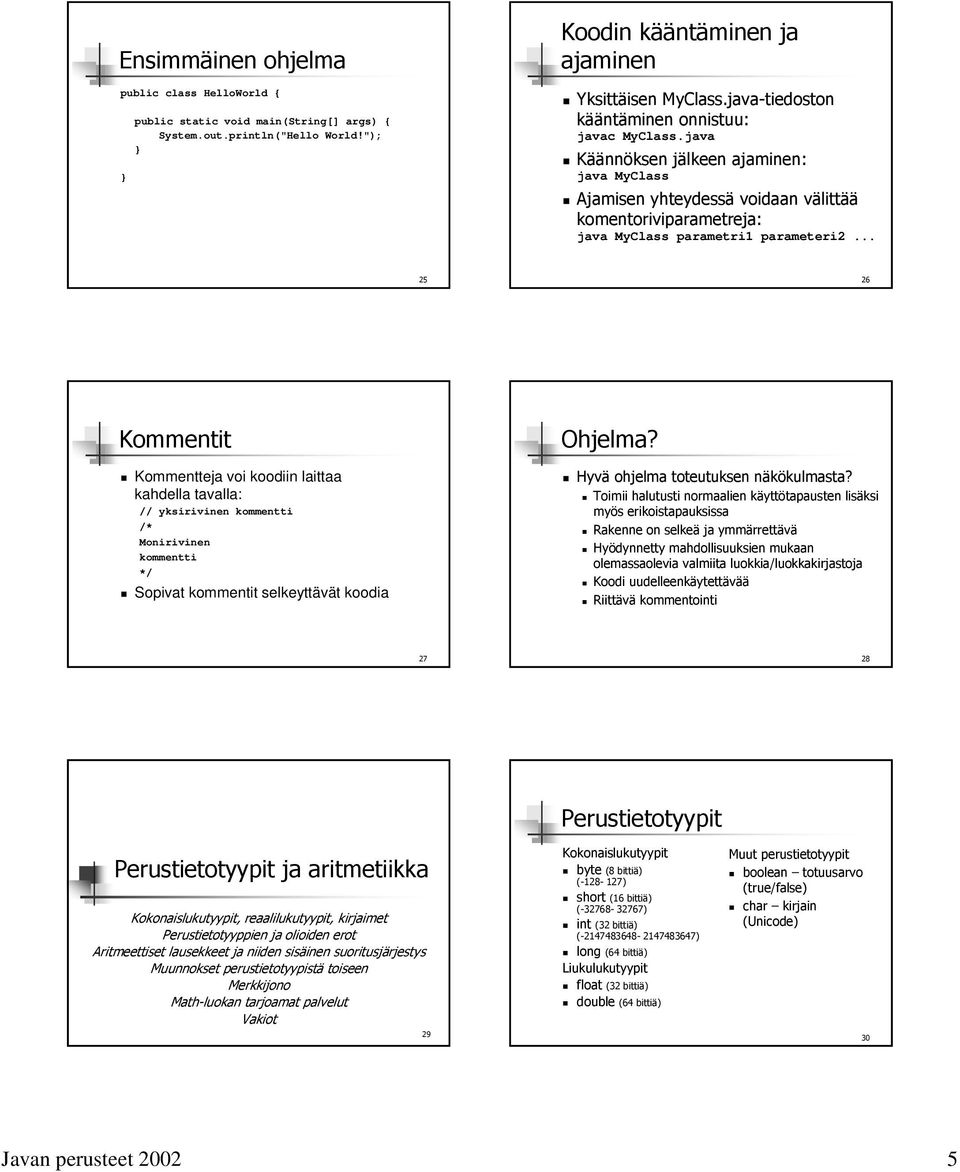 .. 25 26 Kommentit Kommentteja voi koodiin laittaa kahdella tavalla: // yksirivinen kommentti /* Monirivinen kommentti */ Sopivat kommentit selkeyttävät koodia Ohjelma?