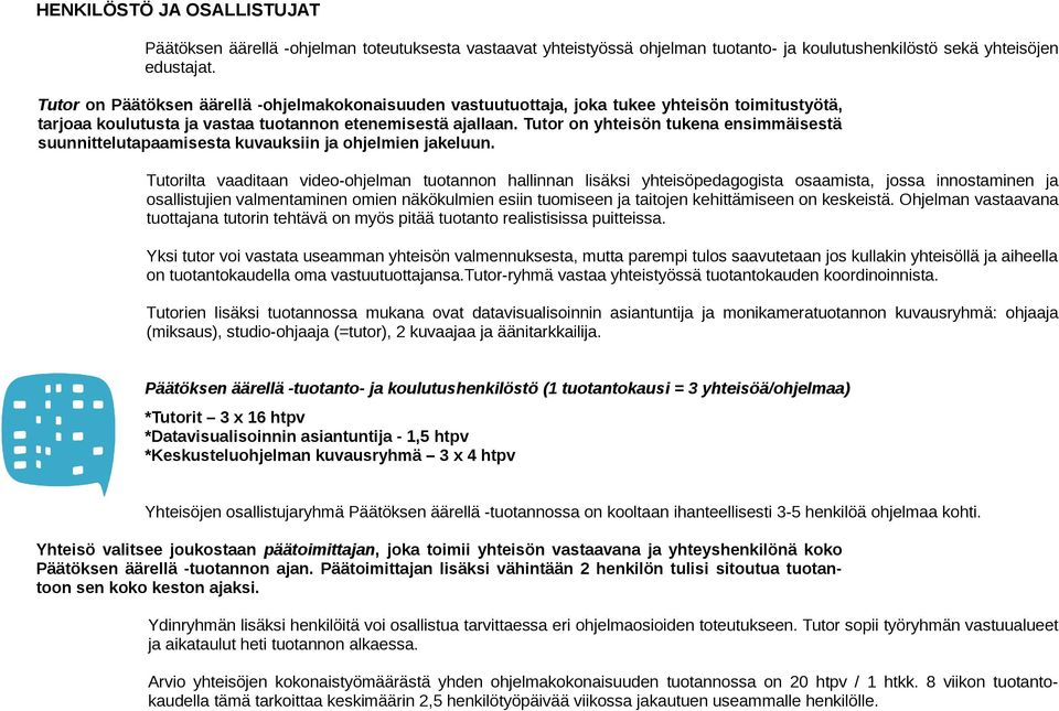 Tutor on yhteisön tukena ensimmäisestä suunnittelutapaamisesta kuvauksiin ja ohjelmien jakeluun.