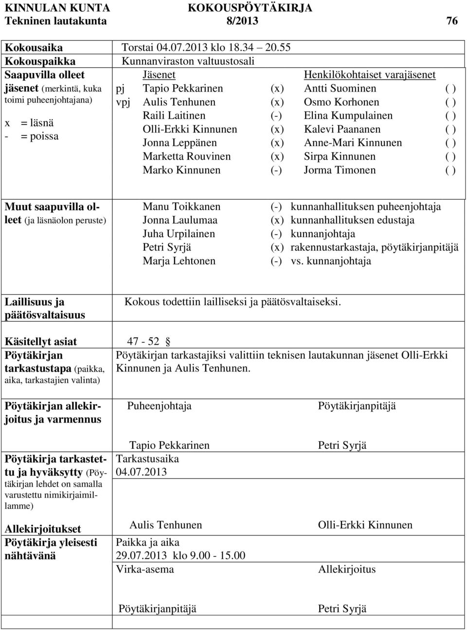 Suominen ( ) vpj Aulis Tenhunen (x) Osmo Korhonen ( ) Raili Laitinen (-) Elina Kumpulainen ( ) Olli-Erkki Kinnunen (x) Kalevi Paananen ( ) Jonna Leppänen (x) Anne-Mari Kinnunen ( ) Marketta Rouvinen