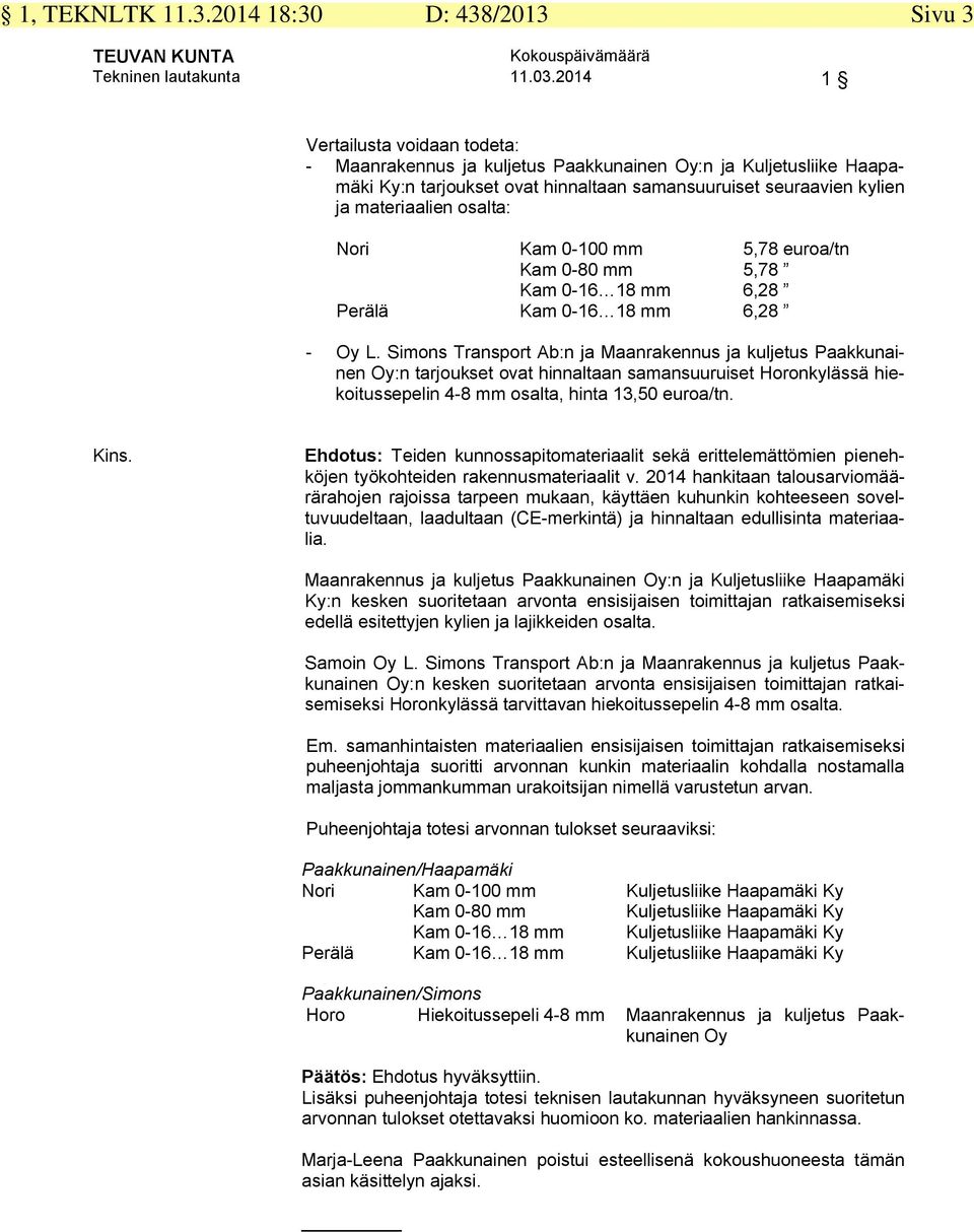 Nori Kam 0-100 mm 5,78 euroa/tn Kam 0-80 mm 5,78 Kam 0-16 18 mm 6,28 Perälä Kam 0-16 18 mm 6,28 - Oy L.