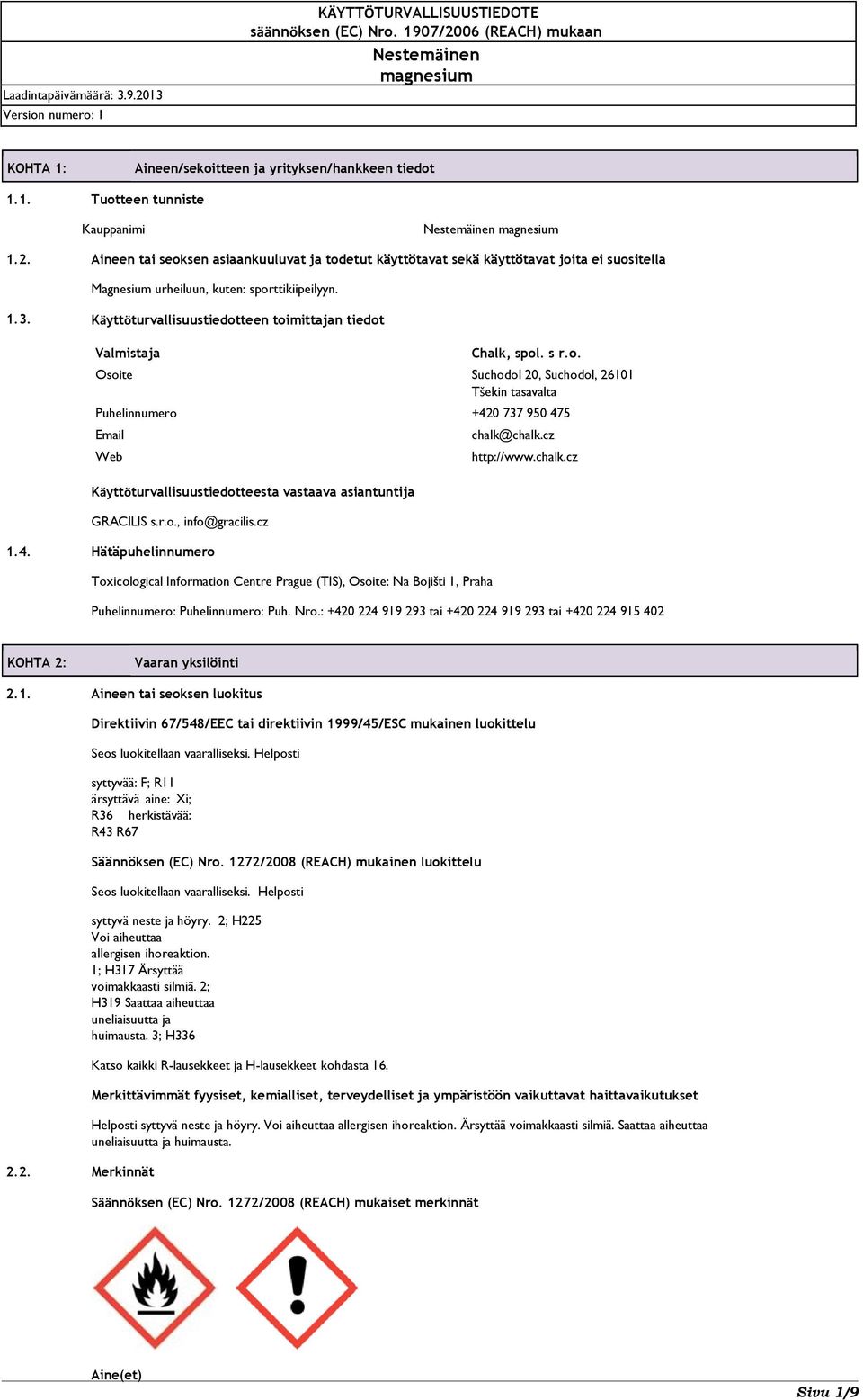 Käyttöturvallisuustiedotteen toimittajan tiedot Valmistaja Chalk, spol. s r.o. Osoite Suchodol 20, Suchodol, 26101 Tšekin tasavalta Puhelinnumero +420 737 950 475 Email Web Käyttöturvallisuustiedotteesta vastaava asiantuntija GRACILIS s.