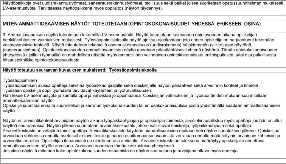 Ammattiosaamisen näyttö toteutetaan tekemällä LV asennustöitä. Näyttö toteutetaan kolmannen opintovuoden aikana opiskelijan henkilökohtaisten valmiuksien mukaisesti.