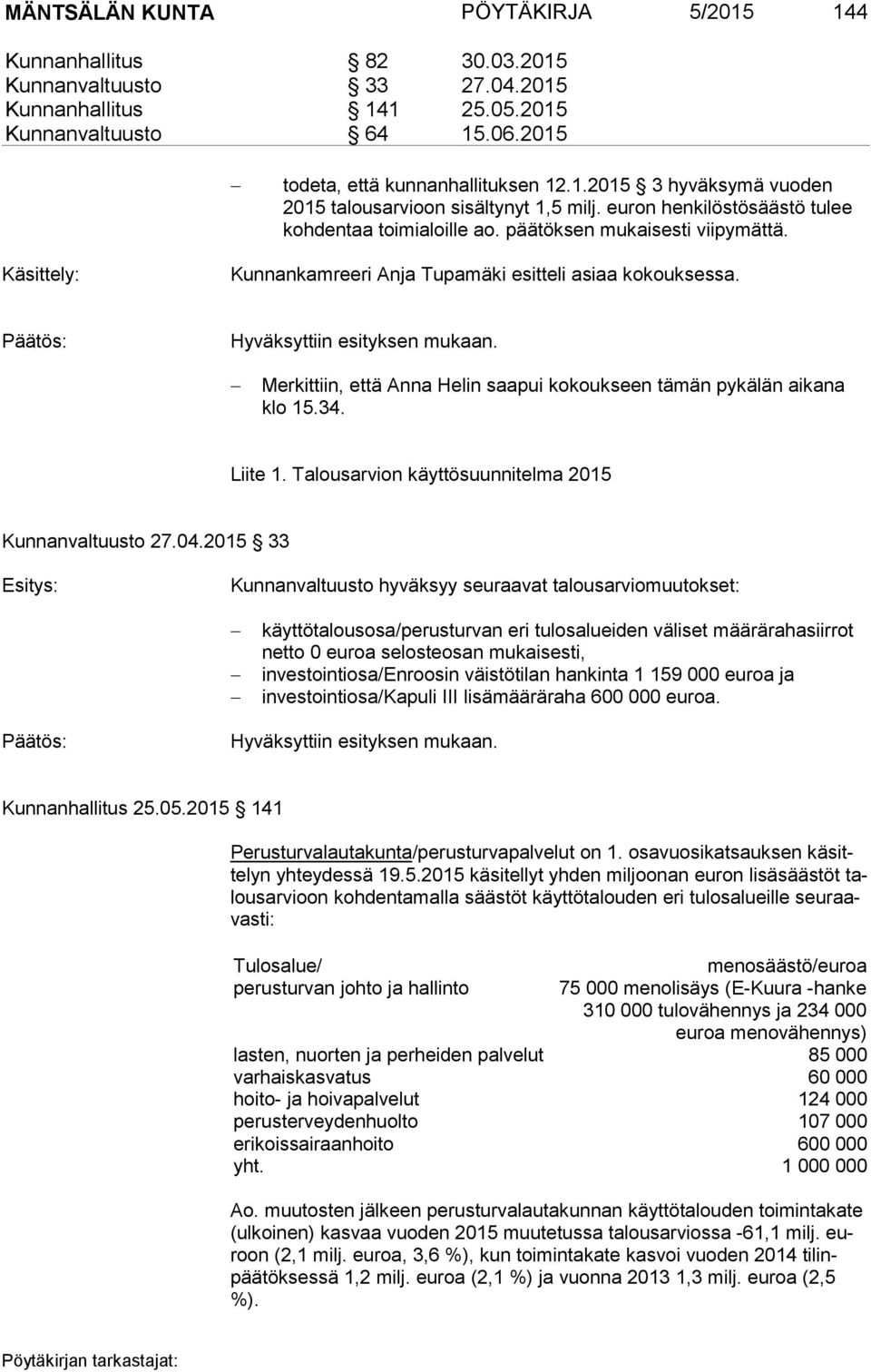 Merkittiin, että Anna Helin saapui kokoukseen tämän pykälän aikana klo 15.34. Liite 1. Talousarvion käyttösuunnitelma 2015 Kunnanvaltuusto 27.04.