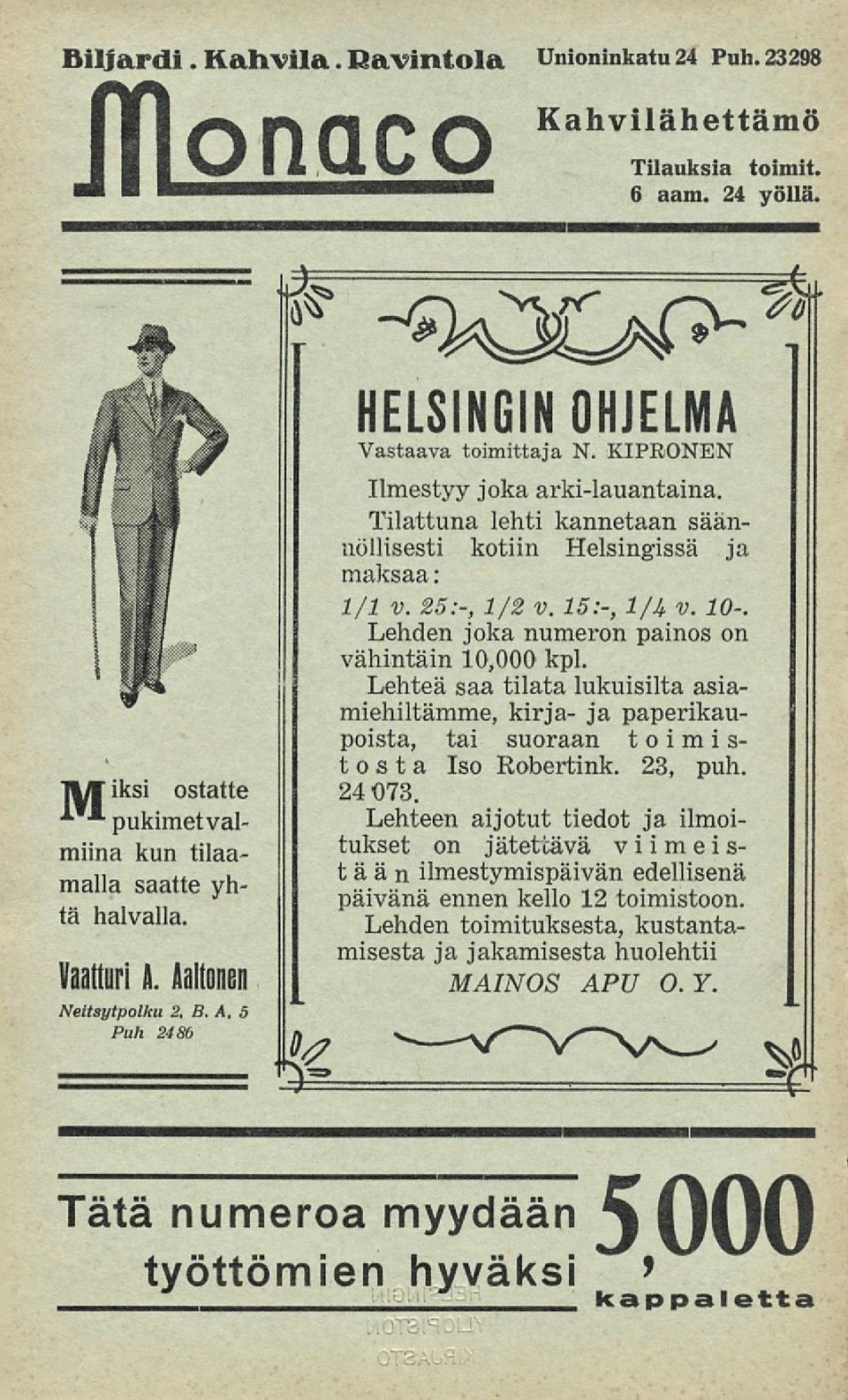 Tilattuna lehti kannetaan säännöllisesti kotiin Helsingissä ja maksaa: 1/1 v. 25:-, 1/2 v. 15:-, 1/U v. 10-. Lehden joka numeron painos on vähintäin 10,000 kpl.