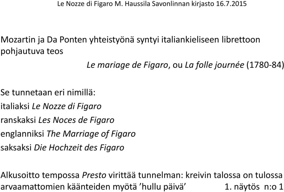 Les Noces de Figaro englanniksi The Marriage of Figaro saksaksi Die Hochzeit des Figaro Alkusoitto